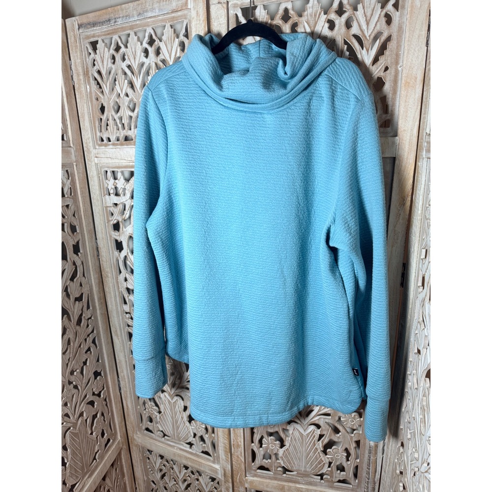 Lands End Womens Turquoise Blue Cowl Neck Textured Tunic Top Thumbholes 1X - Picture 2 of 8